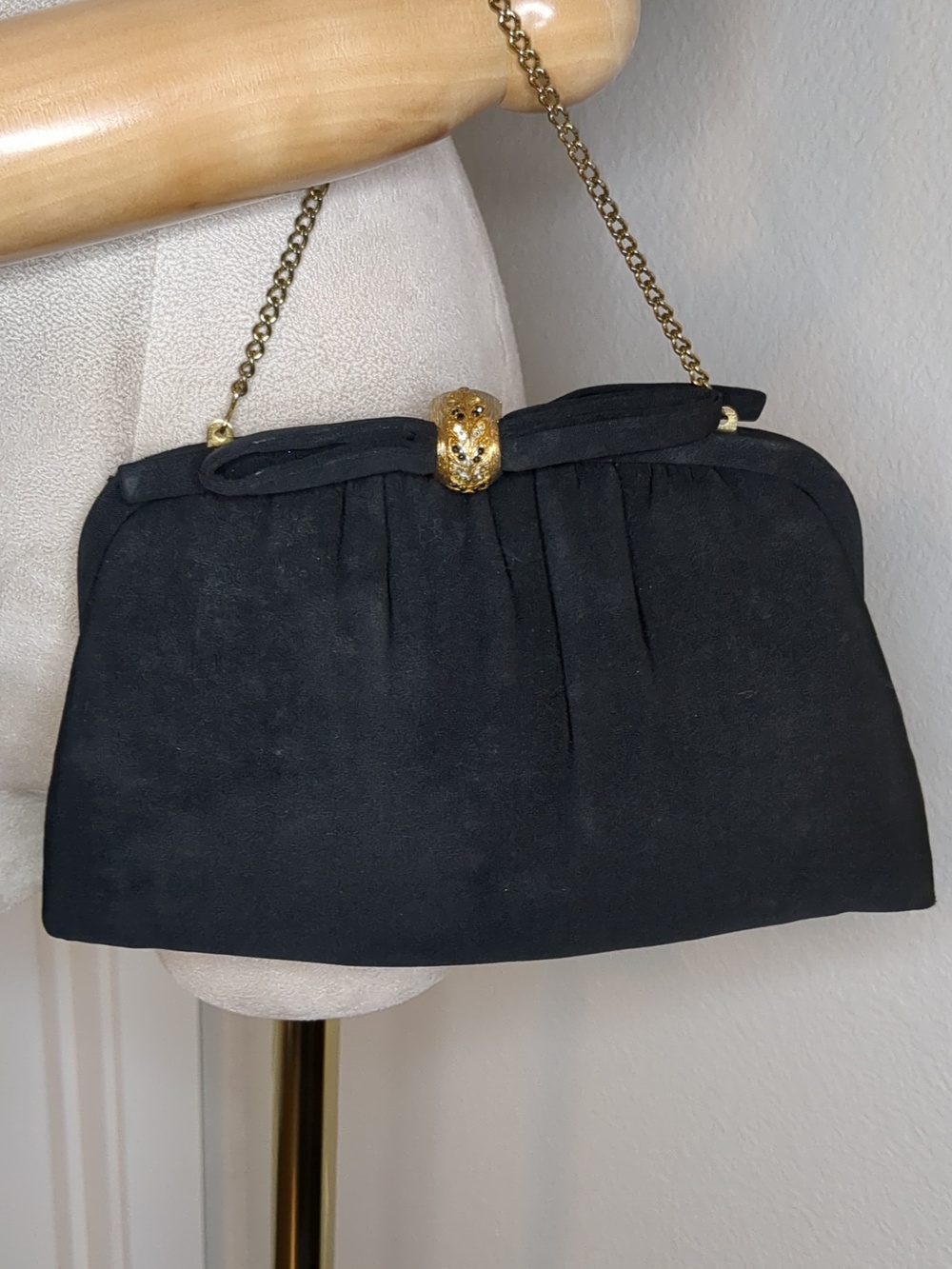 Vintage 50s After Five Black Cocktail Bag Gold Closure Bow Trim Mid Century